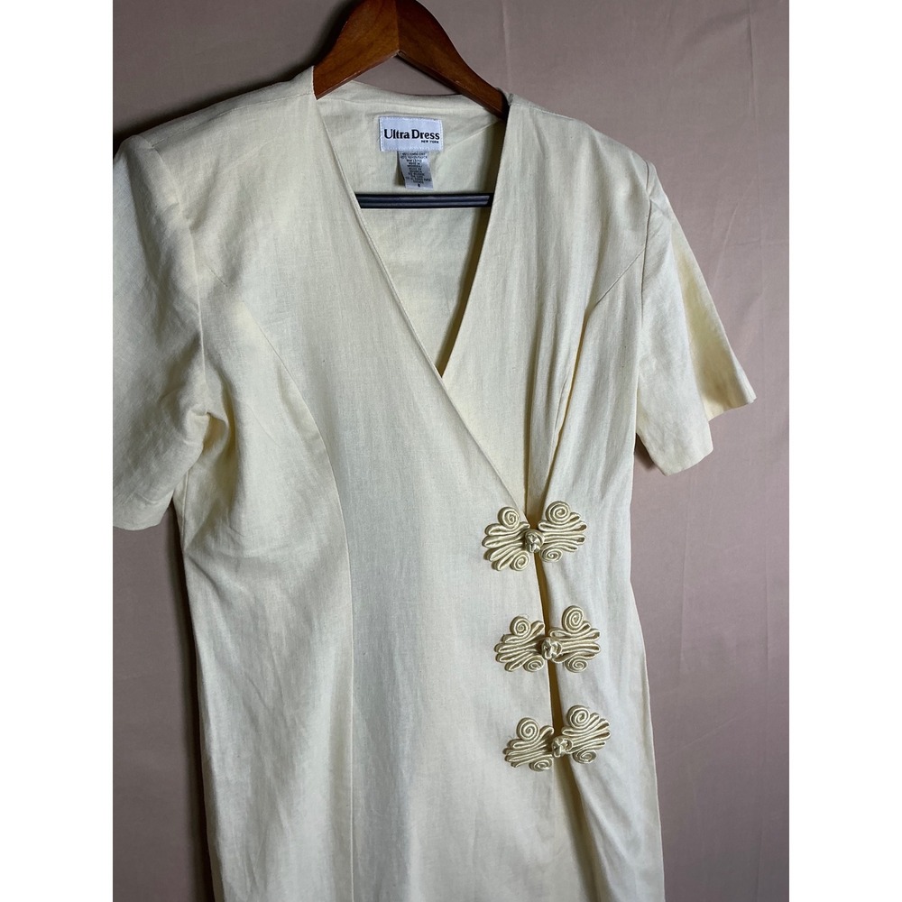 Ultra Dress New York Vintage Linen Blend Frog Closure Wrap Midi Dress Cream Sz 8 - Picture 4 of 10